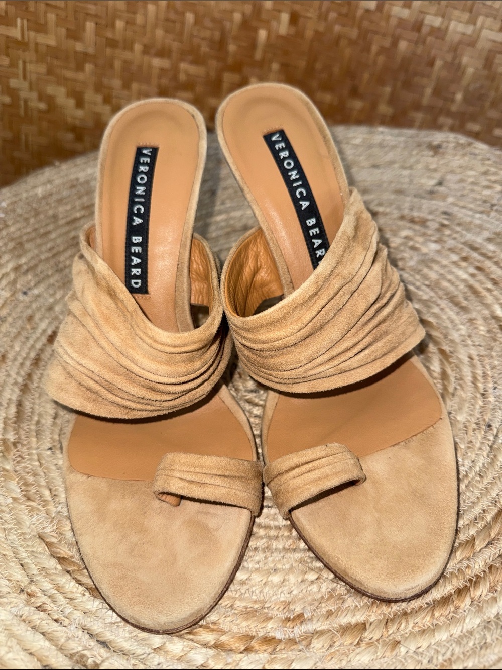 Veronica Beard Suede Tan Ruched Strap High Heel Sandals - Picture 2 of 9